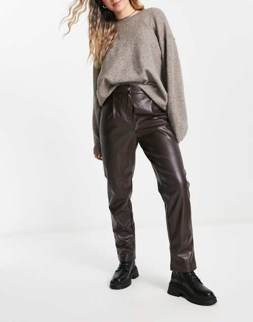 NA-KD x Stephsa straight leg faux leather trousers in brown