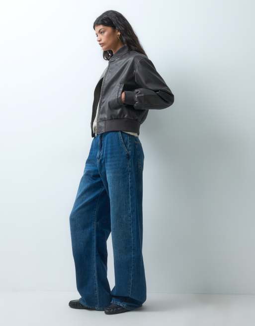 ONLY faux leather washed bomber jacket in chocolate brown, 2 of 4