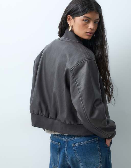 ONLY faux leather washed bomber jacket in chocolate brown, 3 of 4