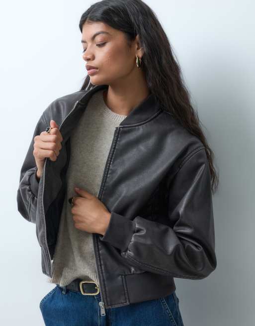 ONLY faux leather washed bomber jacket in chocolate brown, 4 of 4