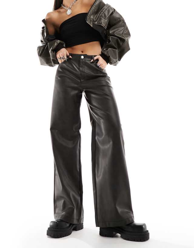 ONLY - faux leather wide fit trouser in washed black