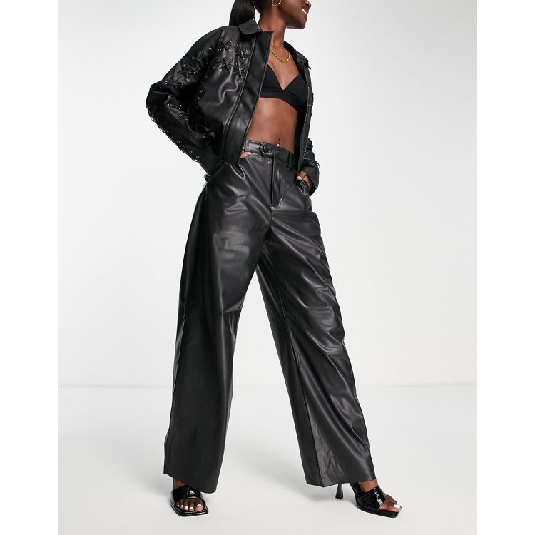 Only high waisted faux leather wide leg pants in black