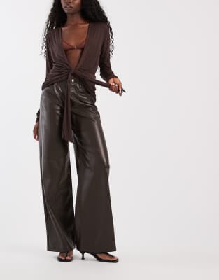 Only Faux Leather Wide Leg Pants In Brown
