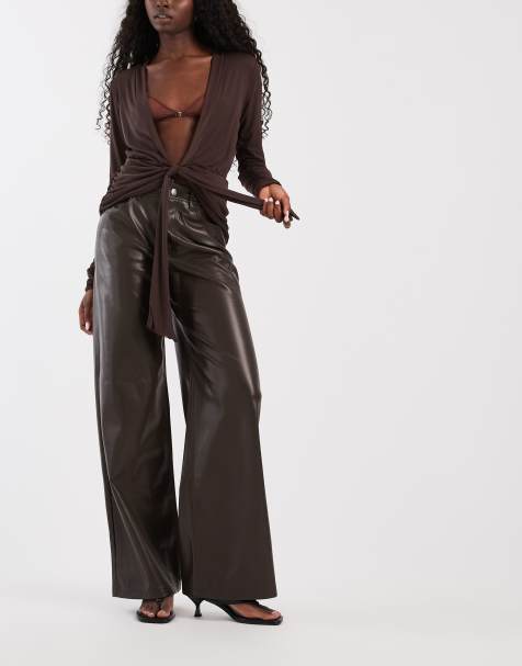 Only faux leather wide leg pants in brown - view 1