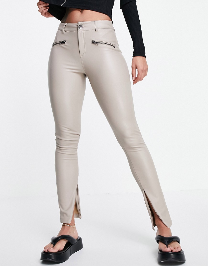 Only faux leather zip pants in stone-Neutral