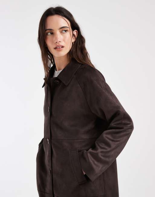 ONLY faux suede collar detail mac in dark brown, 3 of 4