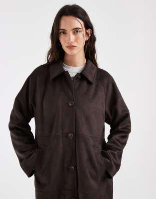 Only Faux Suede Collar Detail Trench Coat In Brown