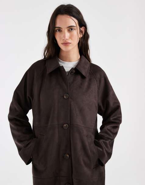 ONLY faux suede collar detail trench coat in dark brown - view 1