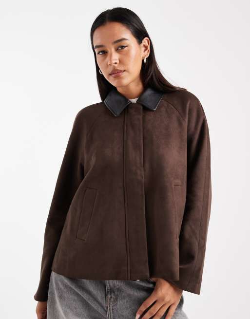 ONLY faux suede jacket in chocolate brown