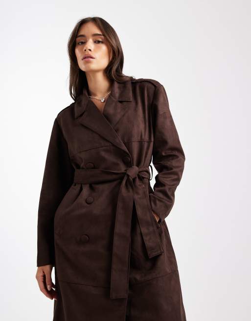 ONLY faux suede trench coat in chocolate brown, 2 of 4
