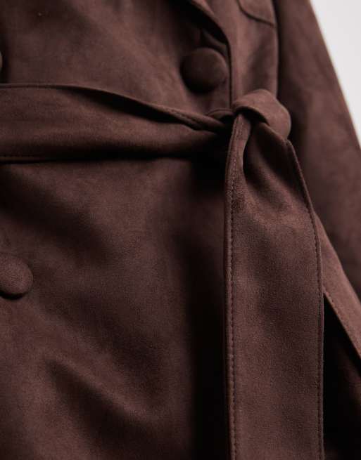 ONLY faux suede trench coat in chocolate brown, 4 of 4