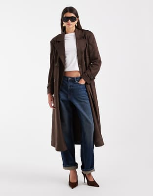Only Faux Suede Trench Coat In Brown
