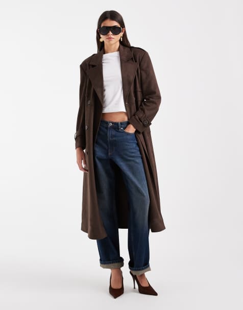 ONLY faux suede trench coat in chocolate brown - view 1