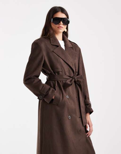 ONLY faux-suede trench coat in chocolate brown, 2 of 4