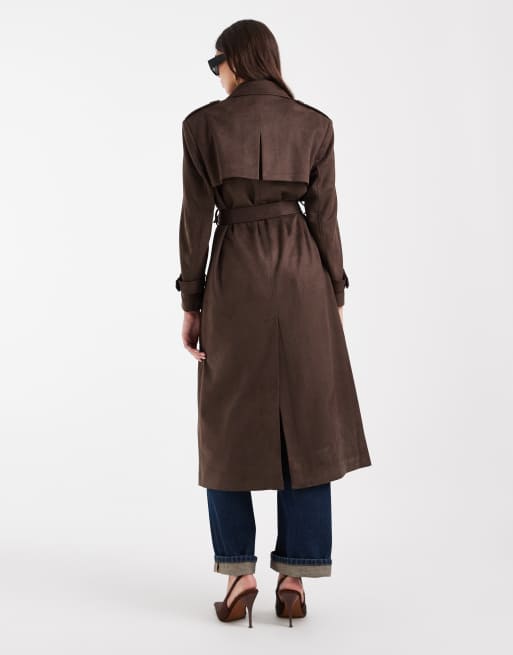 ONLY faux-suede trench coat in chocolate brown, 4 of 4