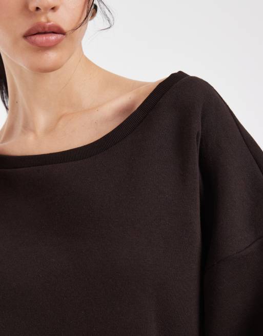 ONLY - Felpa marrone cioccolato con scollo asimmetrico, 3 di 4