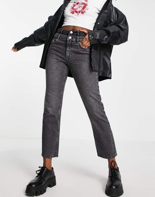 Only - Fine - Jeans dritti con fascia doppia in vita nero slavato