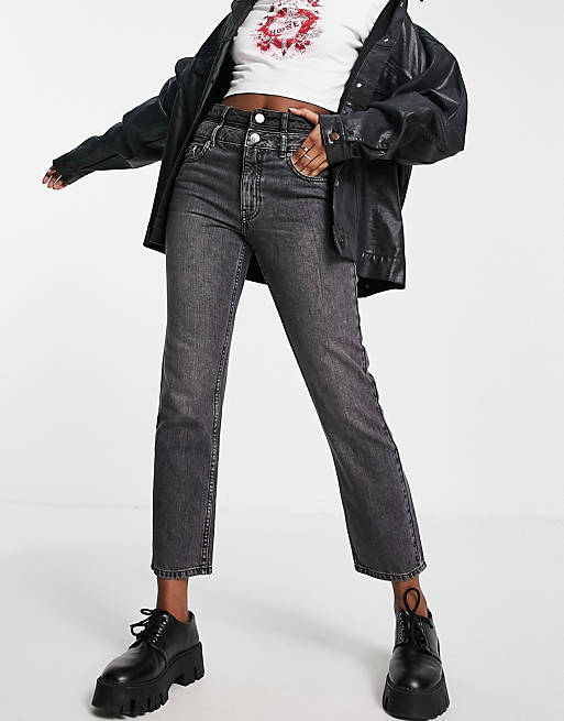 Women Only Fine straight leg jeans with double waist band in washed black 