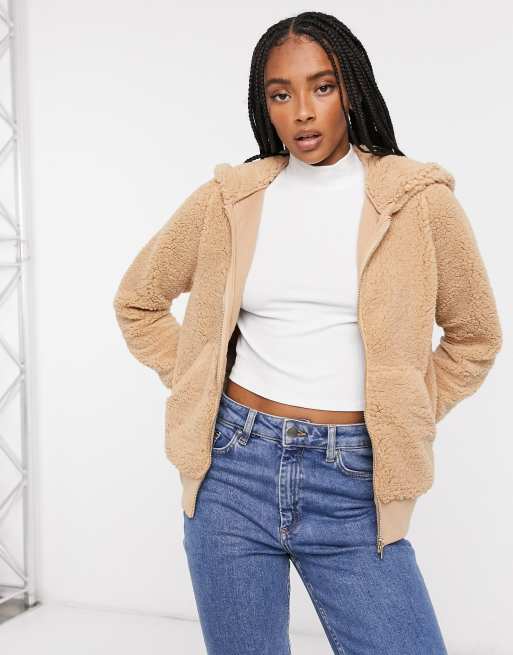 Only finessa zip up teddy bomber jacket in beige