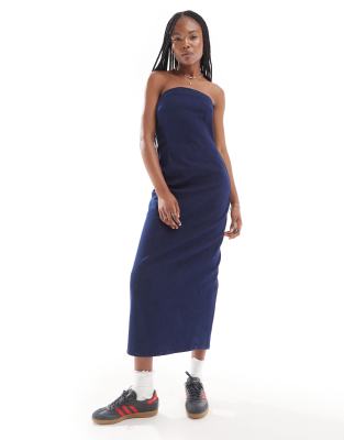 Only Fitted Bandeau Midi Denim Dress In Indigo-navy