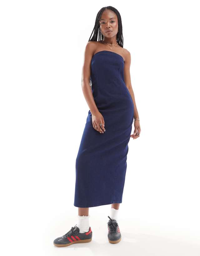 ONLY - fitted bandeau midi denim dress in indigo