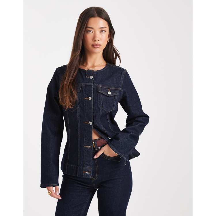 cropped jacket over fitted indigo knee length dress Denim quality cotton Cropped Bomber Denim Jacket In