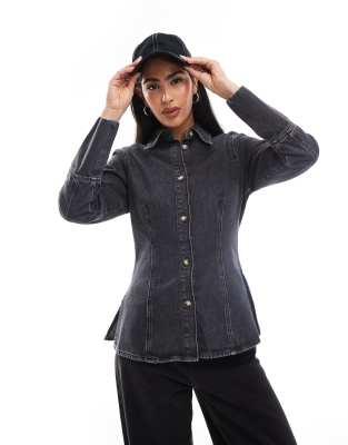 only fitted denim shirt in washed black