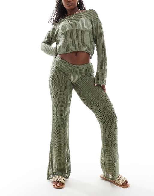 ONLY flare beach pants with folded waistband in sage green (part of a set) 