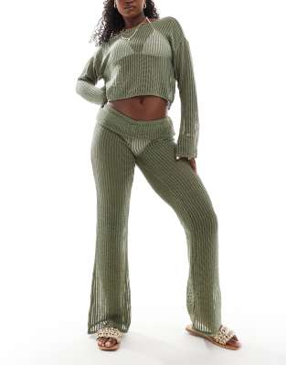 flare beach pants with folded waistband in sage green -set