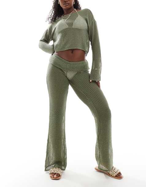 ONLY flare beach trousers with folded waistband co-ord in sage green - view 1