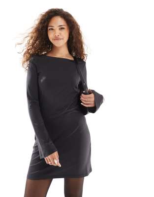 flared sleeve boat neck mini dress in black