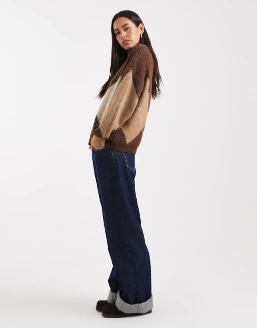 ONLY – Flauschiger Strickpullover mit Rautenmuster in Braun, 2 von 4