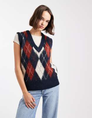 ONLY - Flauschiger Strickpullunder in Marineblau mit Argyle-Rautenmuster