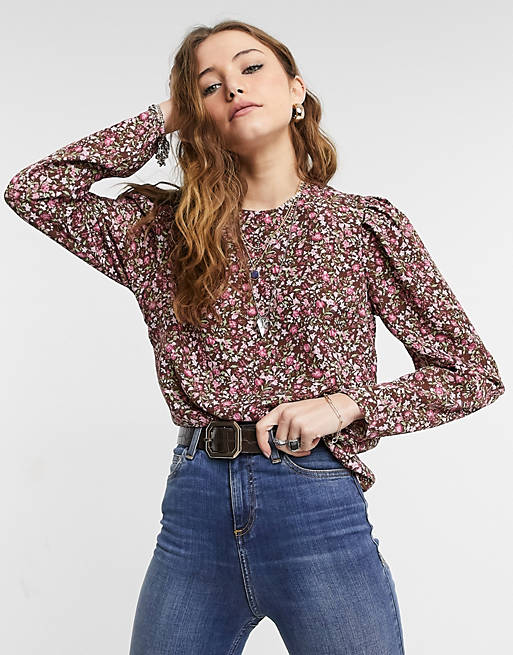 Women Only floral blouse with shoulder detail in purple floral print 