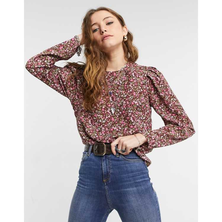 Only floral blouse with shoulder detail in purple floral print