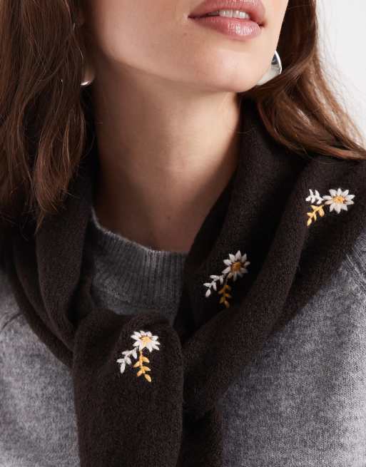 ONLY floral embroidery knitted triangle scarf in brown, 2 of 3