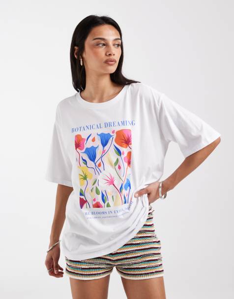 ONLY floral graphic print oversized t-shirt in white - view 1