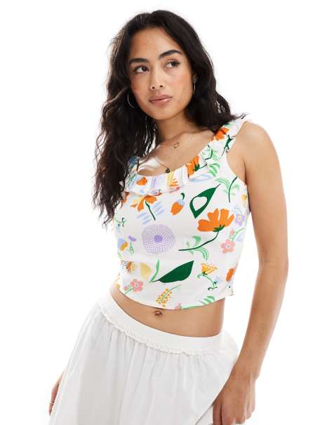 ONLY floral print scoop neck frill top in white - view 1