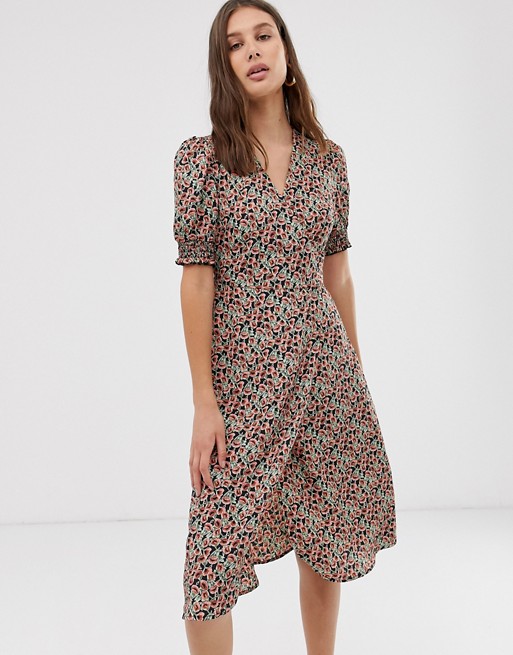 Only floral wrap midi dress with smocked sleeve detail