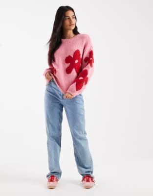 Only Flower Detail Knit Sweater In Pink