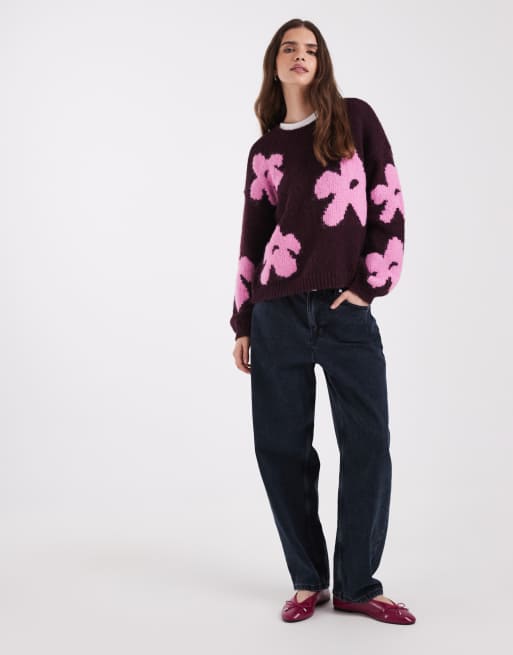 ONLY flower details knitted jumper in burgundy, 2 of 4