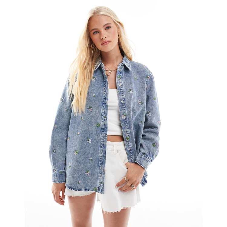 ONLY flower embroidery denim shirt in light blue | ASOS