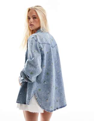 ONLY flower embroidery denim shirt in light blue | ASOS