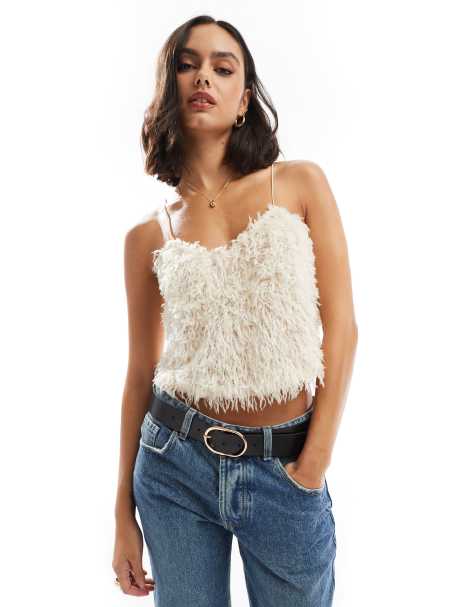 ONLY fluffy cropped strappy top in cream - view 1