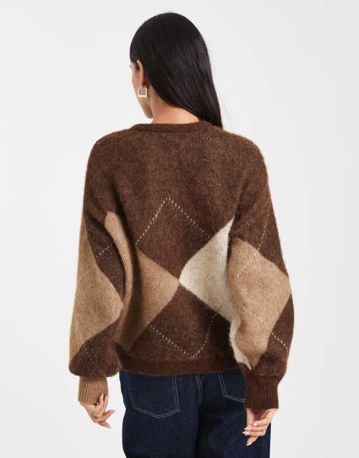 ONLY fluffy knitted jumper in brown argyle, 4 of 4