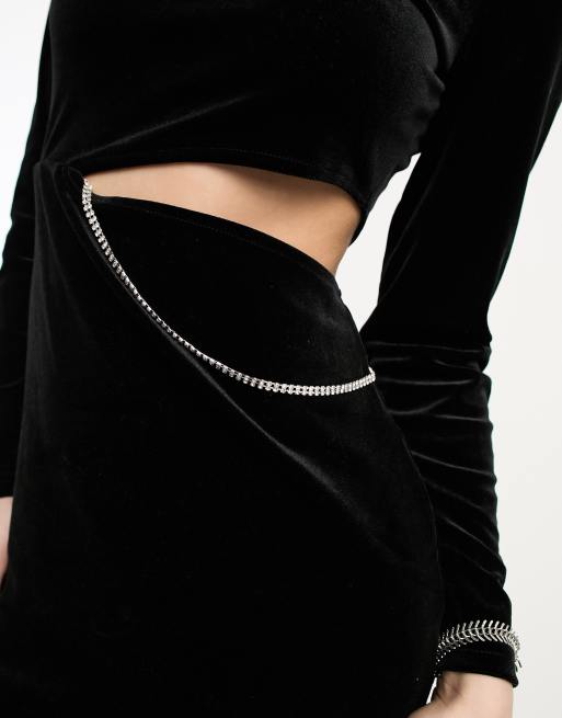 Only - Fluwelen mini jurk met diamanten ketting en uitsnijding in zwart , 4 van 4