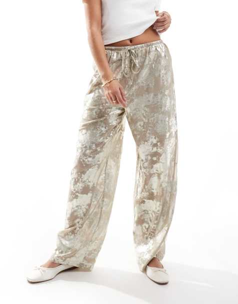 ONLY foil print wide leg trouser in beige - view 1