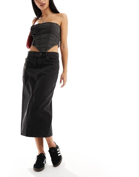 ONLY - Forvasket sort midi-denimnederdel med slids foran - view 1