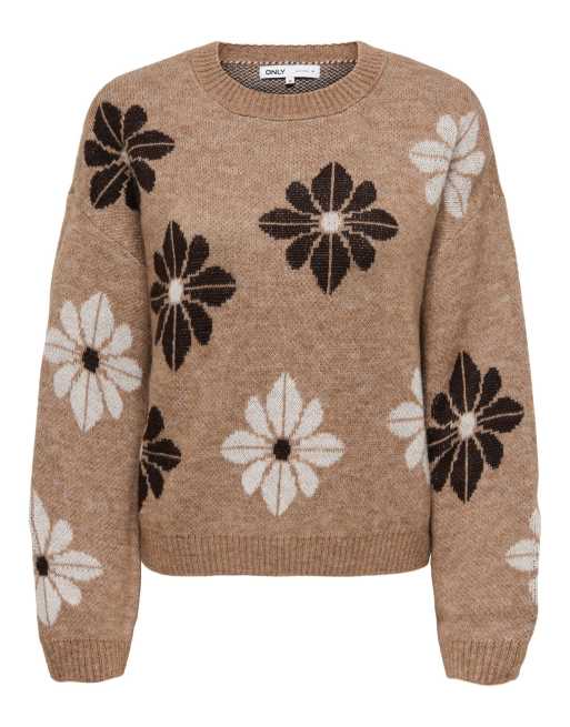 ONLY Freesia ribbed crew neck knitted drop shoulder jumper in brown, 6 of 7