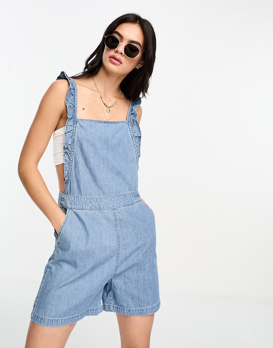 Only frill detail denim playsuit in mid blue